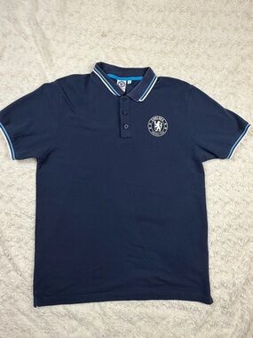 Chelsea Football Club Polo Shirt Men's L Navy Blue Polyester Cotton Short Sleev…